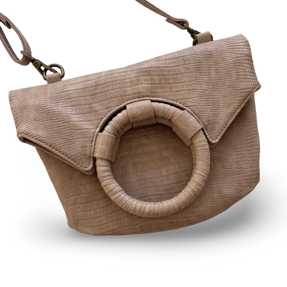 Anthropologie‎ Taupe Lizard Embossed Circle Handle Crossbody Bag Handbag